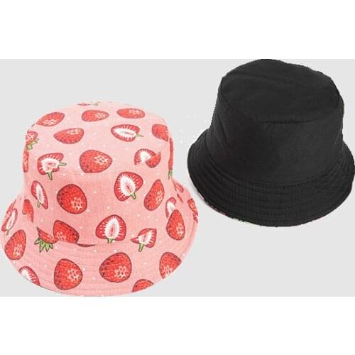 Strawberry Printing Bucket Hat Cotton Double-Sided Pink Panama For Girls Cartoon Hats Sunshade Fisherman Cap Fashion Style