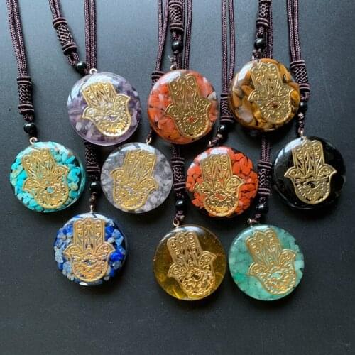 Hand of Fatima Necklace Resin Chakra Crystal Chips Combination Round Pendant Fatima Hand Orgonite Energy Necklace Long Chain 1pc