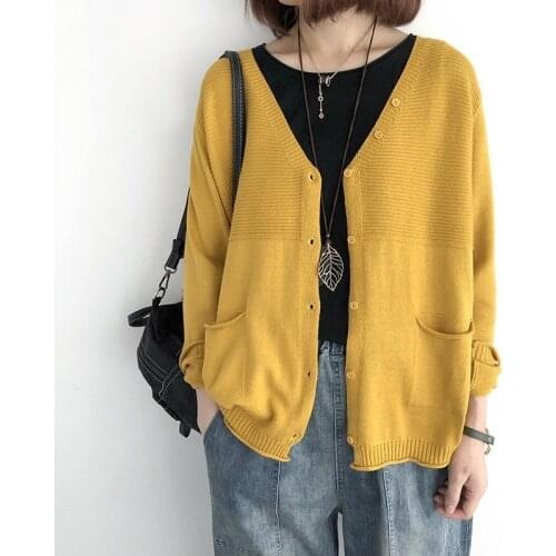 Spring Autumn New Cardigan Jacket Loose Solid Color V-neck Thin Knit Sweater Coat Long Sleeve Single-breasted Outerwear X219