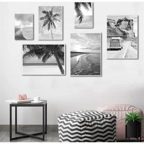Tropical Beach Scenery Canvas Print Traval Bus Poster Palm Tree Leaf Wall Art Painting Black And White Wall Pictures Home Decor