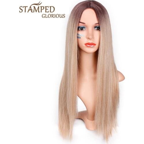 Stamped Glorious 26inches Straight Synthetic Long Wig Ombre Blonde Wig for Women Middle Part Nature Wigs Heat Resistant Hair