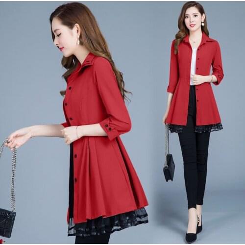 Windbreaker Outerwear Women Spring Mid-length Trench Coat Ladies Lace Splicing Thin section Tops Lady Slim Plus Size Outcoat