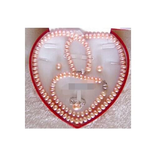 Jewelry 001029 Real Pink Pearl Clasp Bracelet Ring Earrings Necklace Set