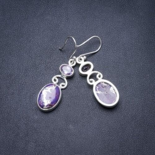 Natural Copper Turquoise and Amethyst Handmade Unique 925 Sterling Silver Earrings 1.75" Y3349