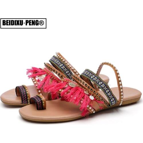 Womens Slippers Handmade Bohemian Flip Flops Sandals Summer Femme Casual Flats Shoes Slip on Rhinestone Fringes Sandalias for G