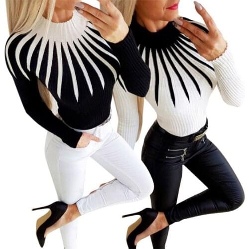 Women Sweater Fashion Color Patchwork Turtleneck Slim Top Long Sleeve Slim Bottom Casual Black White Sweaters