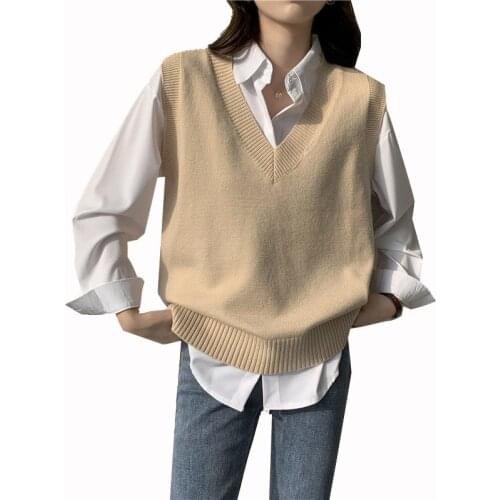 New Womens V-Neck Vest Sleeveless Sweater Simple Slim Fit Korean Fashion Autumn And Winter Loose Wild Lazy Hedging
