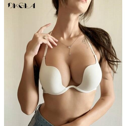 High Quality Women Lingerie Backless Bras B C D Cup 1/2 Plunge Brassiere Thick White Sexy Underwear Lnvisible Deep U Bra Push Up