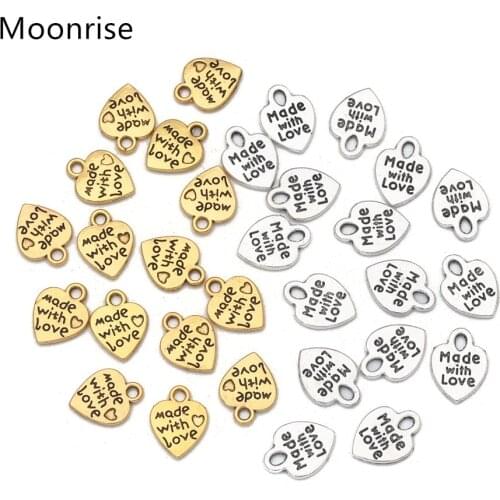 30Pcs Antique Silver Pendant Charms Valentines Day Theme Heart with Word Made with Love Metal Pendants For DIY Jewelry Making