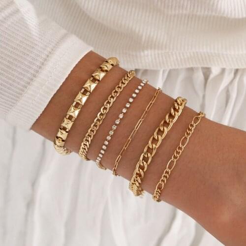 6 Pcs/set Womens Gold Bracelets Crystal Link Hand Chain Friendship Jewelry Gifts for Women Girl Pandora Bracelets for Women