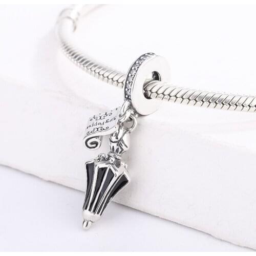 925 Sterling Silver Umbrella Pendant Transparent CZ And Black Enamel Beads Pendant Charm Bracelet DIY Jewelry Making For Pandora