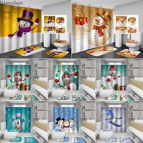Bipoobee Funny Cute Snowman Ski Fabric Shower Curtain Merry Christmas Toilet Cover Bath Mat Pad Set Bathroom Curtains with Hooks