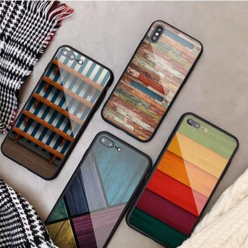 Colored wood grain Tempered Glass Phone Case For iphone 12 11 Pro Max 5 6 7 8 PLUS X XS XR XSMax Shell