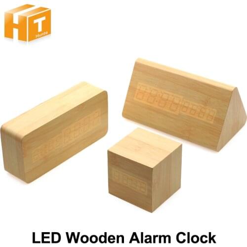 Wooden LED Alarm Clock Desktop Novelty Decoration Temperature Date Sounds Control Display Novelty Lighting