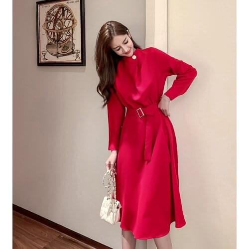 Elegant Women Midi Dress Sexy Long Sleeve Solid Dresses Female Chic Korean Belt Vestidos Dropshipping