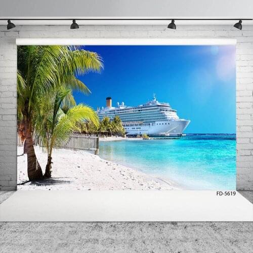 Cruise Ship Coconut Tree Beach Photography Backdrop Vinyl Cloth Background for Children Baby Portrait Photobooth Photo Studio