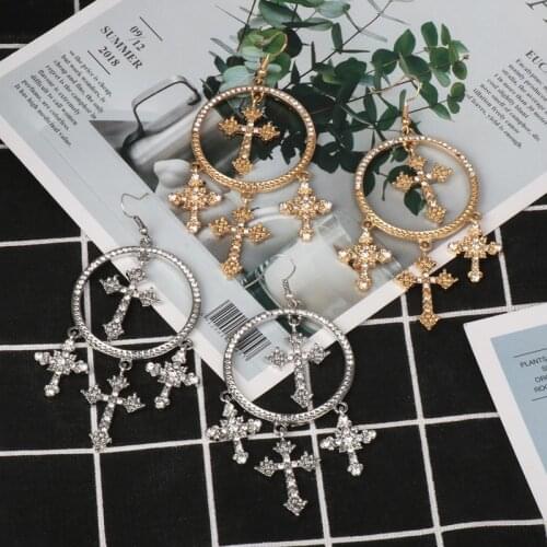 JURAN Trendy Big Round Metal Cross Dangle Earring for Women Oversize Gold Silver Color Punk Pendant Drop Earrings Jewelry 2019