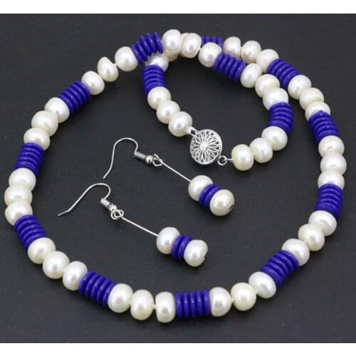 Charms 9-10mm natural freshwater pearl necklace dangle earrings jewelry set for women rondelle beads party weddings 18" B3456