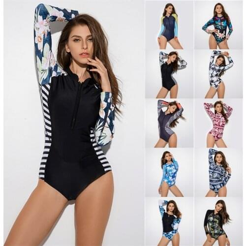 Sexy One Piece Swimsuit Rashguard Printed Long Sleeve Bodysuit Rash Guard 2020 Women Swimwear Surfing Swimming Suit Bathing Suit