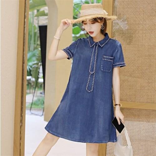 Summer Women Denim Dress 2020 Vintage Women Straight Dresses Turn-down Collar Short Sleeve Loose Vestidos Female Q82231 Vestido