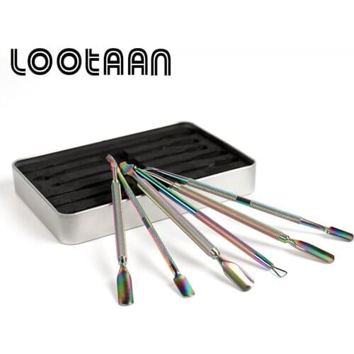 Lootaan 6 Pcs/set Nail Art Pusher Tool Dead SKin Remover Tool Manicure Cuticle Tool Kit Set Rainbow Dual-ended Stainless Steel