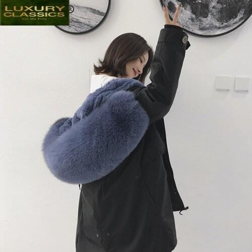 Fur Luxury Coat Real Female Natural Rex Rabbit Fur Liner Parkas Mujer 2021 Winter Jacket Women Large Fox Fur Collar TM108