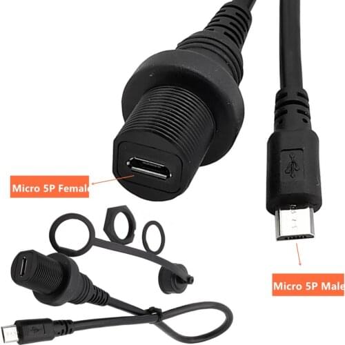 Micro USB 5 Pin Mount Panel Mount Extension AUX Cable for Car Truck Boat Motorcycle Dashboard, Sync Charging and Data Transfer