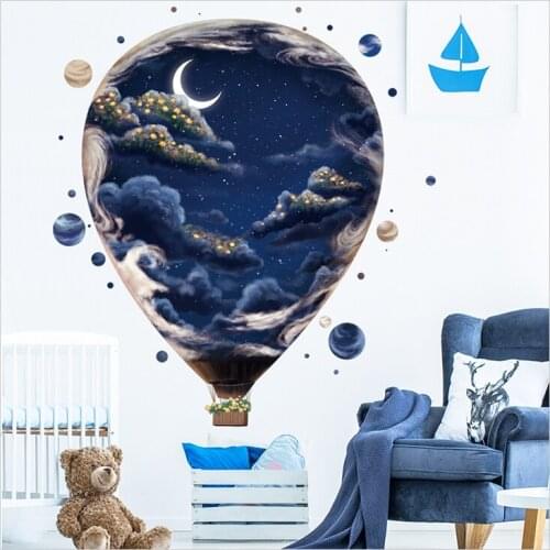 Sky Hot Air Balloon Wall Stickers Universe Stars Moon Self Adhesive Waterproof Kindergarten Wall Decals Childrens Room Door Art