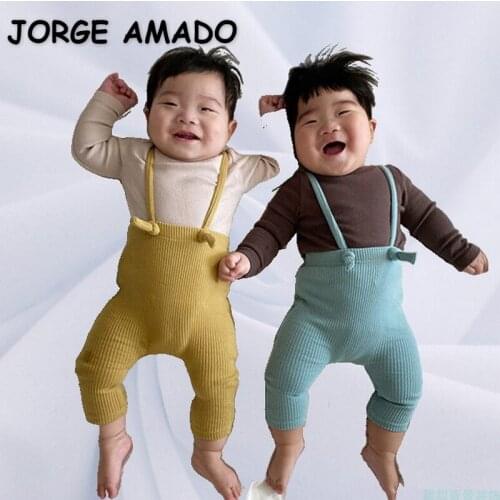 2021 New Autumn Kids Girls Boys Pants Solid Color Waffle High Waist Sling Trousers Children Leggings Fashion Clothes E1850