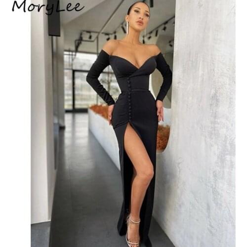 Prom Dresses Black Long Sleeves V-Neck Spandex Satin Side Slit Mermaid Prom Dresses With Zipper vestidos de fiesta de noche