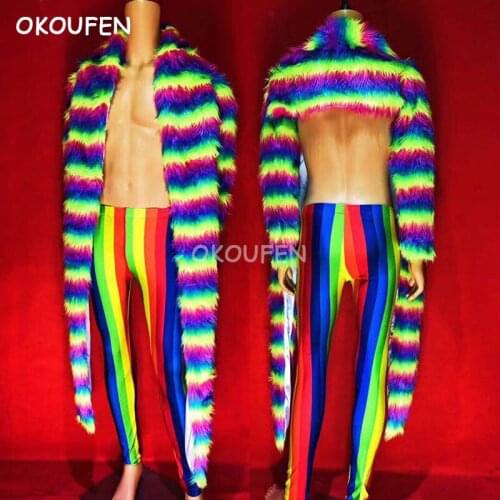 Christmas Costume Set Bar Nightclub Male Singer DJ DS stage performance clothing New Fluorescent Rainbow Long Fur Coat