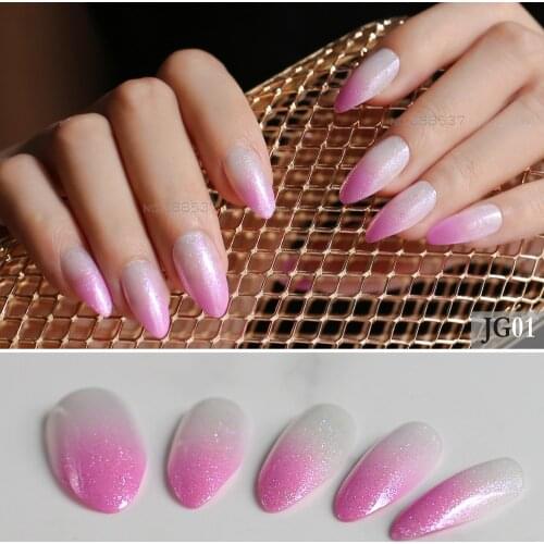 Ombre Pink false nails peach flash Gradient 24pcs Pointed fake nails Stiletto Naturally transparent Full set shiny Pointed