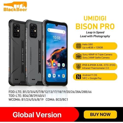 UMIDIGI BISON Pro 6.3Inch Screen MobilePhone 4GB 128GB IP68/IP69K Smartphone Helio G80 48MP Camera Cellphone Global Version NFC