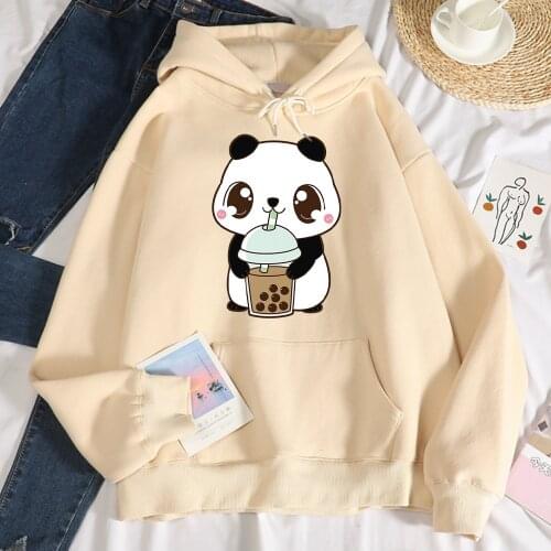 Cute Little Panda Drink Milk Tea Print Woman Sweatshirt Street Casual Hoody Autumn Oversize Hoodies hip hop Soft Men Sportswear