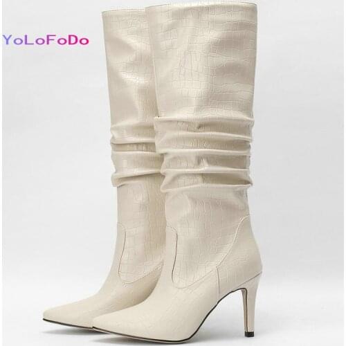 2021 Autumn Winter Women Knee High Boots Faux Leather High Quality Ladies Thin High Heel Bots Pointed Toe Pleated Womens Boots