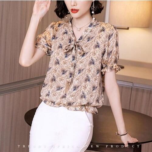 Women Shirts Scarf Collar Short Sleeve Elegant Chiffon Blouses Elegant Aesthetic Loose Summer Blusas Ladies Folds Tops MM0764