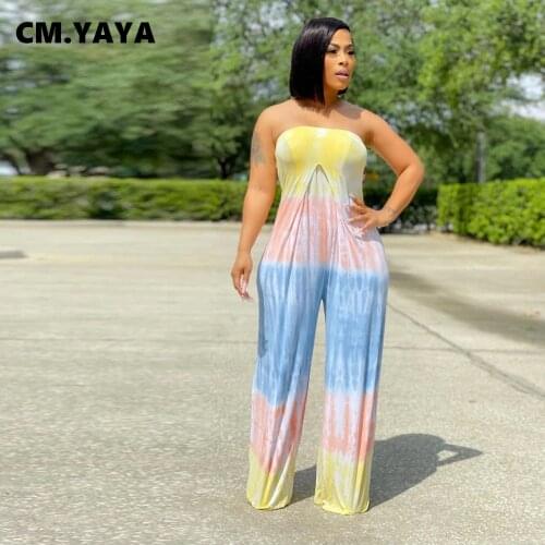 CM.YAYA Women Jumpsuit Tie Dye Sleeveless Strapless Loose Wide Leg Jumpsuits Casual Fashion One Piece Overalls Summer Outfits