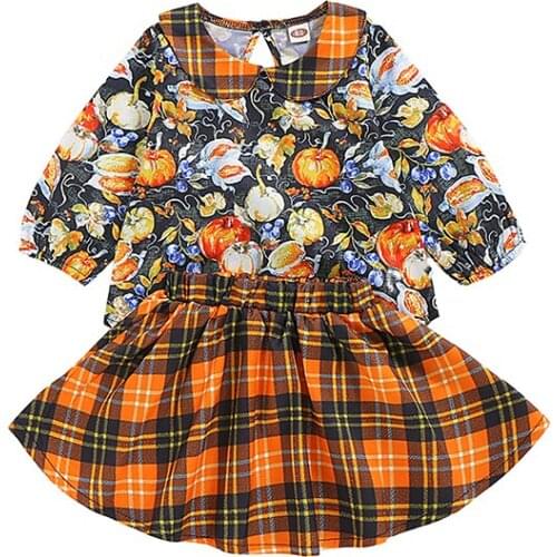 1-5 Years Kids Halloween Outfit Set Pumpkin Print Peter Pan Collar Long Sleeves Tops Plaid Elastic Waist Short Skirt for Girls
