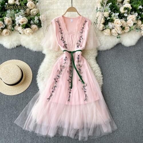 Smlinan Summer Embroidery Floral Long Dress Women Fashion Square Collar Short Sleeve Dresses Vintage Evening Party Mesh Dress