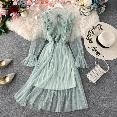 Sanishroly Autumn Women Tie Bow Lace Dress Sweet Ruffles Sequins Mesh Dress Female Long Sleeve Long Pleated Dresses Vestidos 016