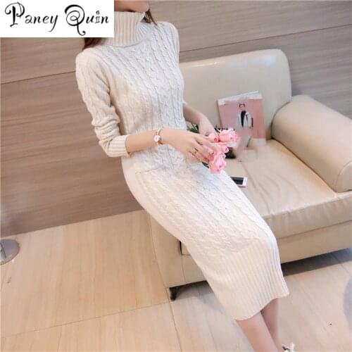 Women Winter Knit Dress Europe FALL Long Sleeve Turtleneck Casual Slim Warm Maxi Sweater Dress Plus Size Womens Clothing
