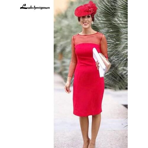 2021 Red Satin Long Sleeve Knee Length Simple Mother of the Bride Dress Party Gown Evening Formal dress madre della sposa abiti