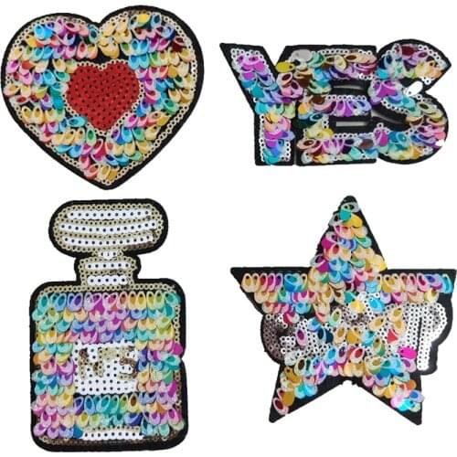 4ps YES HEART Perfume bottle STAR Sequined Patches Embroidered Applique Badge Patch Stickers For Clothes DIY Apparel Accessories