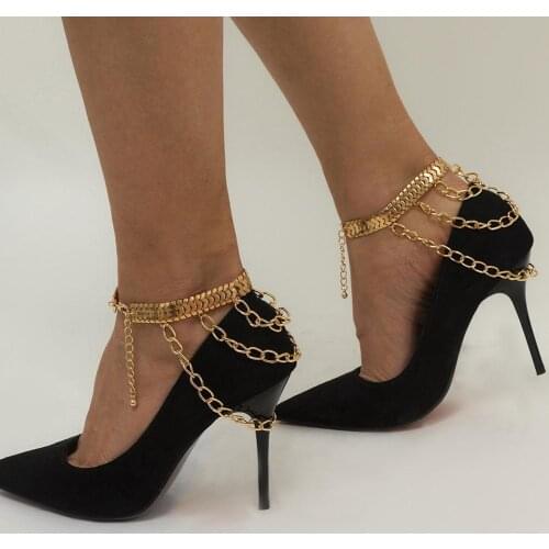Luxury Gold Color Multi Layered Link Chain Tassel Bracelets Anklets For Women Punk Anklets On Foot Barefoot Sandals Jewelry