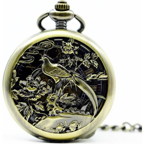 Vintage Nursing Watches Beautiful Bird Mechanical Pocket Watch Skeleton Pendant Clock Man Woman with Chain Gifts PJX1282