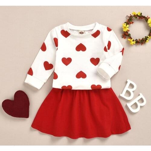 Children Clothing 2020 Autumn Christmas New Girls Clothes Children Love Pattern Blouse + Red Skirt Cute Sweet Two-Piece Suit 5Y