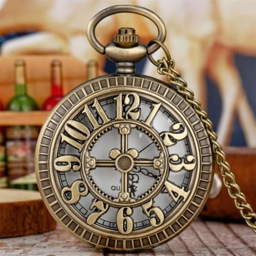 Bronze Hollow Arabic Numerals Design Quartz Pocket Watch Sweater Chain Pendant Necklace Pendant Clock Gifts Men Women