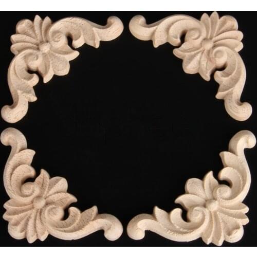 Dophee 4pcs Woodcarving Decal Corner 8cm Furniture Door Decorative Figurines Unpainted Carved Wooden Miniatures