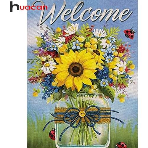 Huacan Diy Diamond Painting Sunflower Decor Home Diamond Embroidery Mosaic Welcome Floral Vase Diamond Art