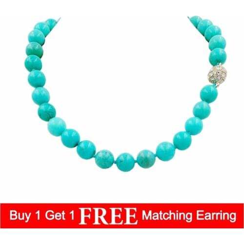 LiiJi Unique Natural Stone Blue Turquoises 11mm Round Beads Magnet Clasp Necklace 18'' Fashion stone necklace